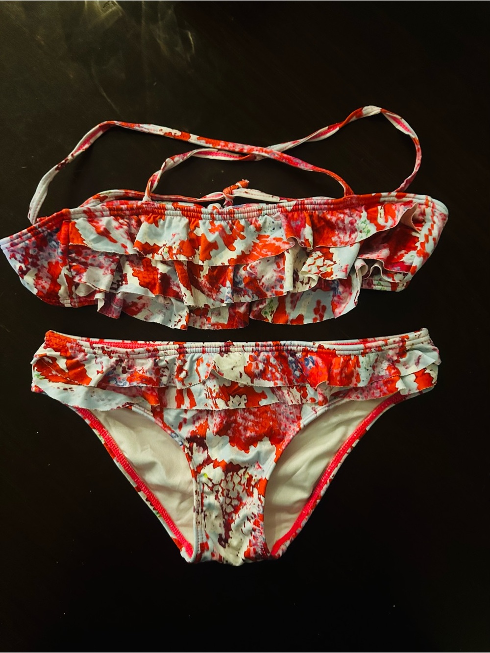 Girl’s PilyQ Ruffled Two-Piece Bikini in Red & White Abstract Print